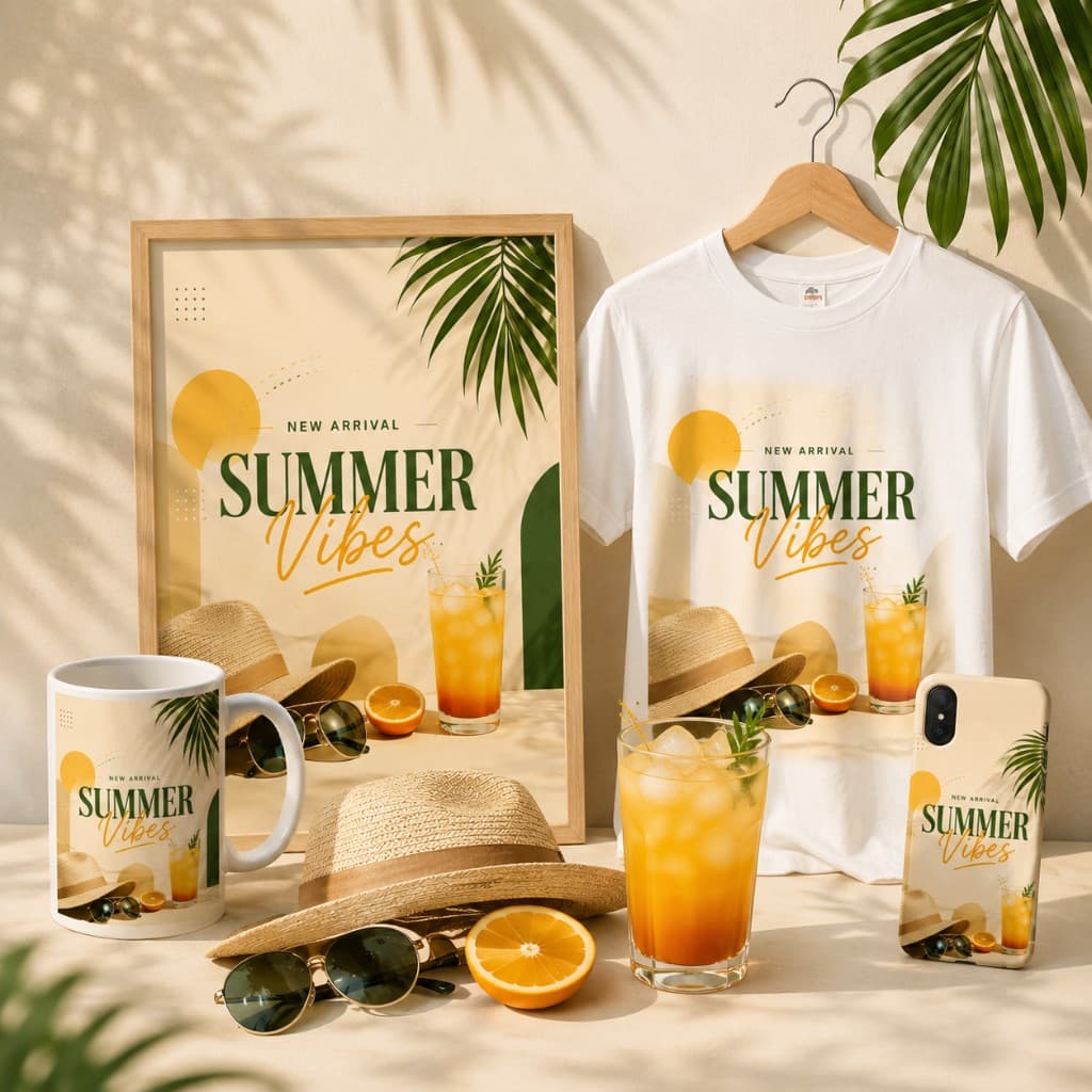 Summer Vibes design on poster, t-shirt, mug, and phone case with summer props