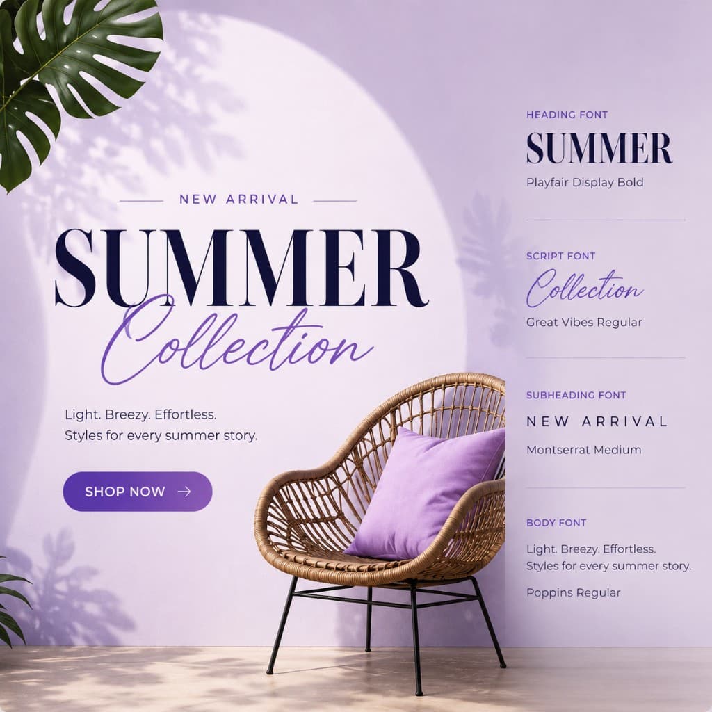 Typography tools showing heading, script, subheading, and body font styles on a branded summer collection design